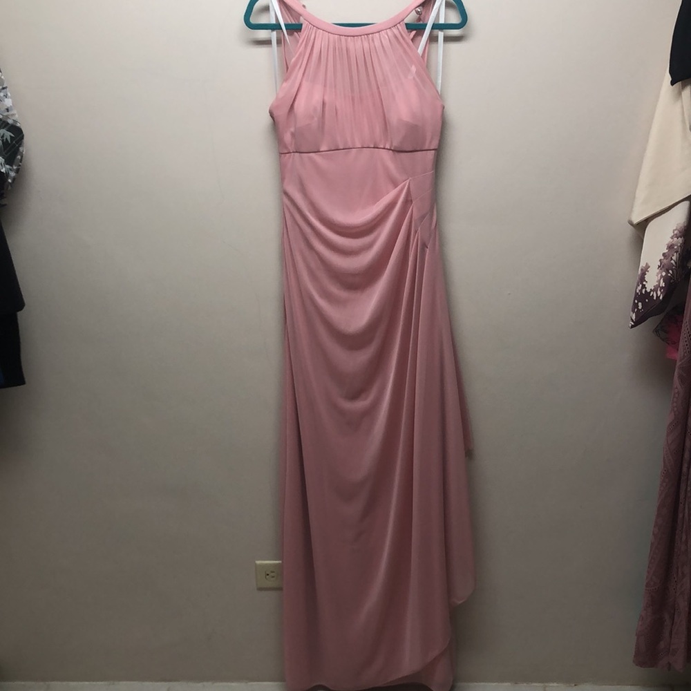 David’s Bridal Long Mesh Dress with Illusion Neckline Ballet Pink Bridesmaid